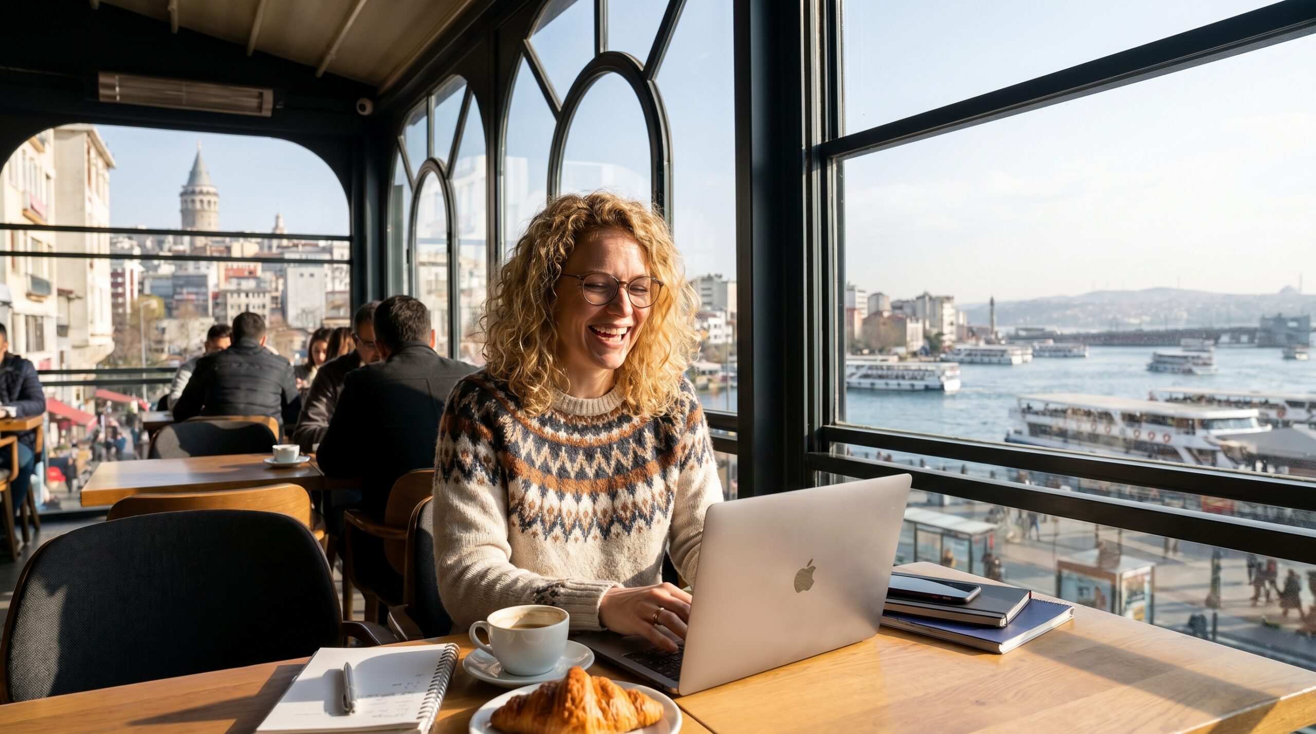 Woman with curly hair smiling while typing on a laptop in a sunlit cafe by a large window overlooking a river and cityscape.