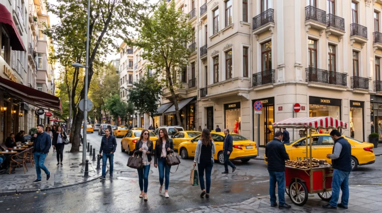 Busy European city street with beige parked taxis, pedestrians, and cafe seating under red awnings near elegant building facades with wrought-iron balconies.